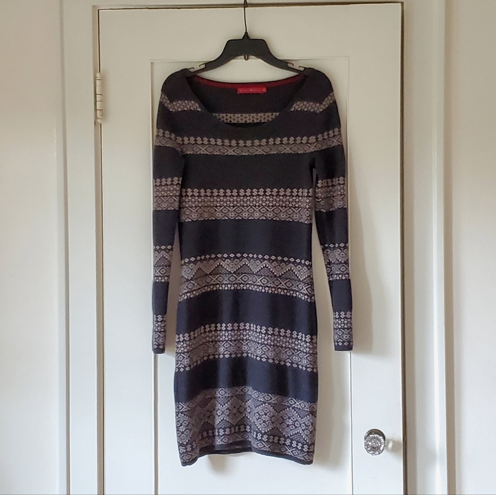 Krimson Klover Sweater Dress 100% Wool M (fits like S 4/6) Fair Isle Tan Black